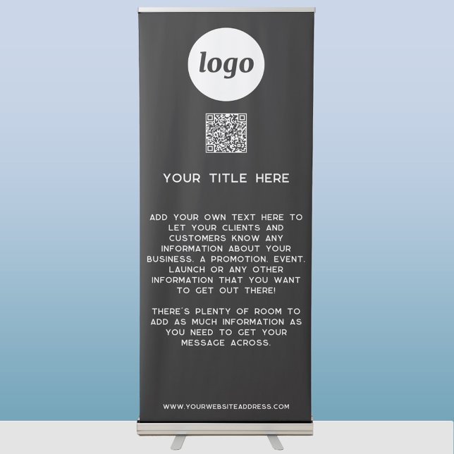 Logo Text QR Code Promotional Business Black Retractable Banner (Logo with QR code and custom text business promotional retractable banner, white on black)