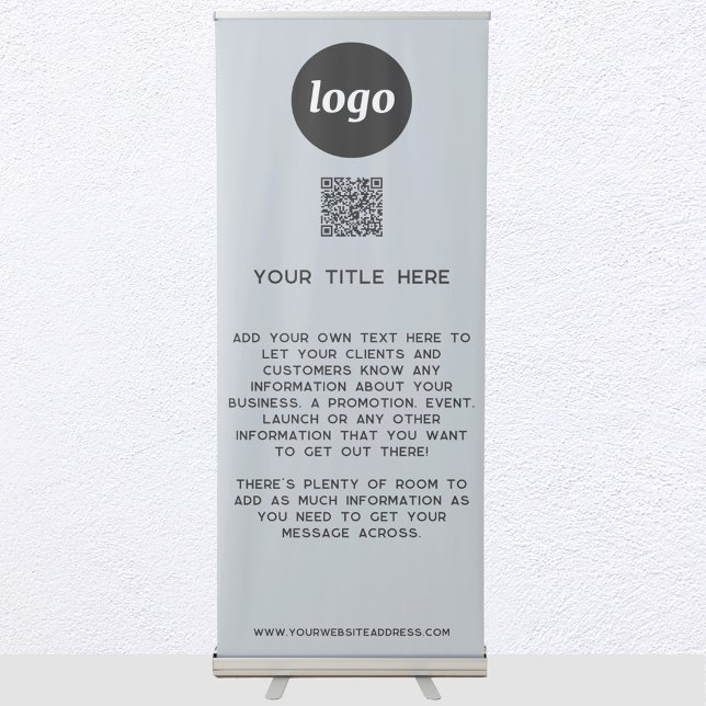 Logo Text QR Code Promotional Business Powder Blue Retractable Banner (Logo with custom text and QR code promotional business light dusty pastel powder blue banner)