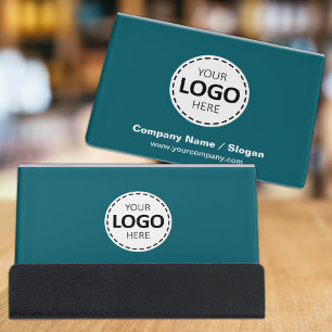 Logo  & Text Upload Modern Teal Desk Business Card Holder