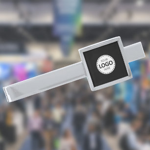 Logo Upload Modern Simple Black Silver Finish Tie Bar