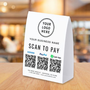Logo Venmo PayPal CashApp QR Code Scan To Pay Paper Table Tent
