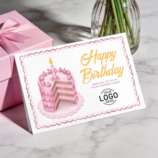 Logo Vintage Pink Yellow Cake Business Birthday Card (Creator Uploaded)