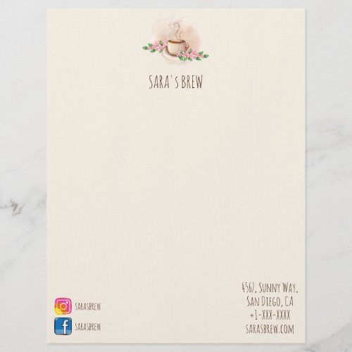 logo watercolor coffee mug and flowers cafe letterhead