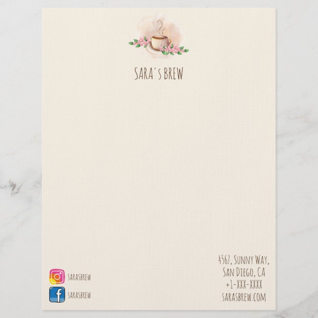 logo watercolor coffee mug and flowers cafe letterhead (Front)
