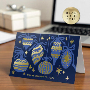 Logo Whimsical Chic Navy Blue Decor Business Gold Foil Holiday Card