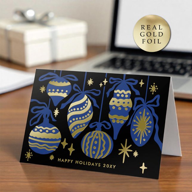 Logo Whimsical Navy Blue Decor Black Business Gold Foil Holiday Card (Creator Uploaded)
