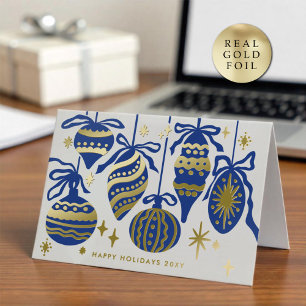Logo Whimsical Navy Blue Decor White Business Gold Foil Holiday Card