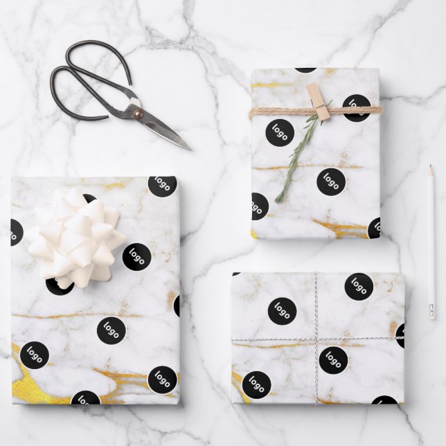 Logo White and Gold Marble Wrapping Paper Sheets (Front)