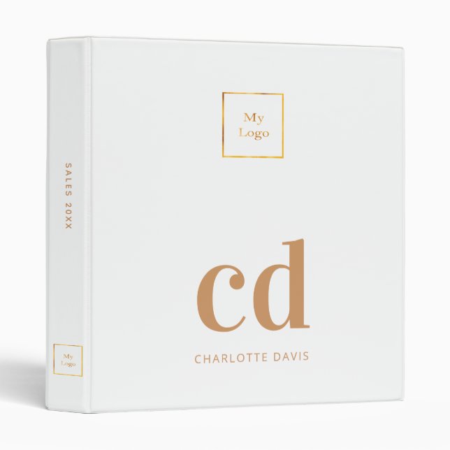 Logo white monogram gold modern business office 3 ring binder (Front/Spine)