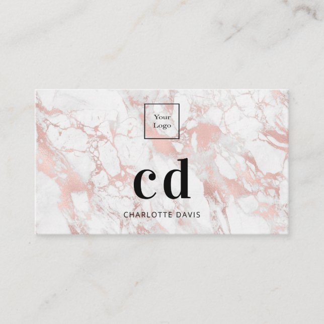 Logo white rose gold marble monogram minimalist business card (Front)