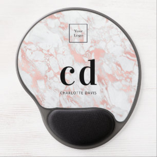 Logo white rose gold monogram marble business gel mouse pad