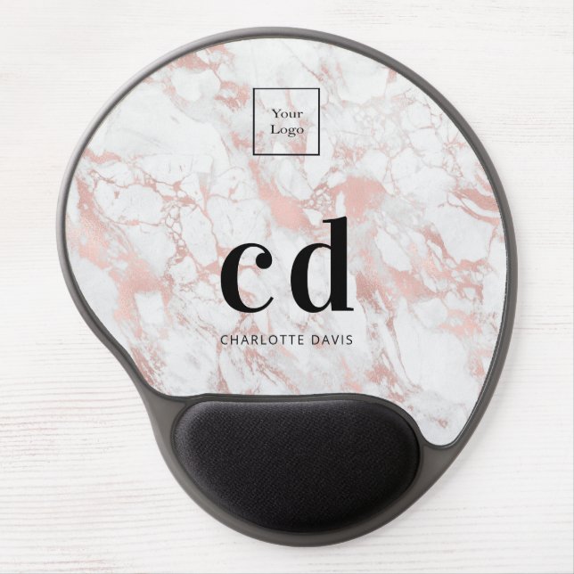 Logo white rose gold monogram marble business gel mouse pad (Front)