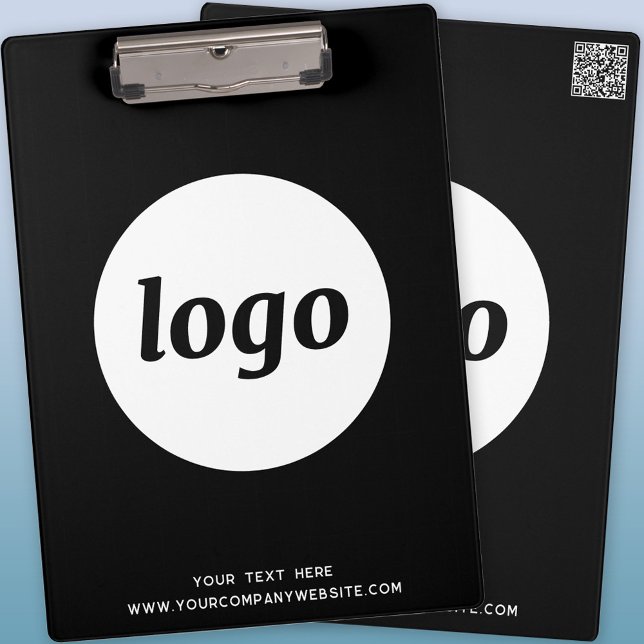 Logo with Text and QR Code Black Business Clipboard (Logo QR code and custom text business promotional black clipboard)