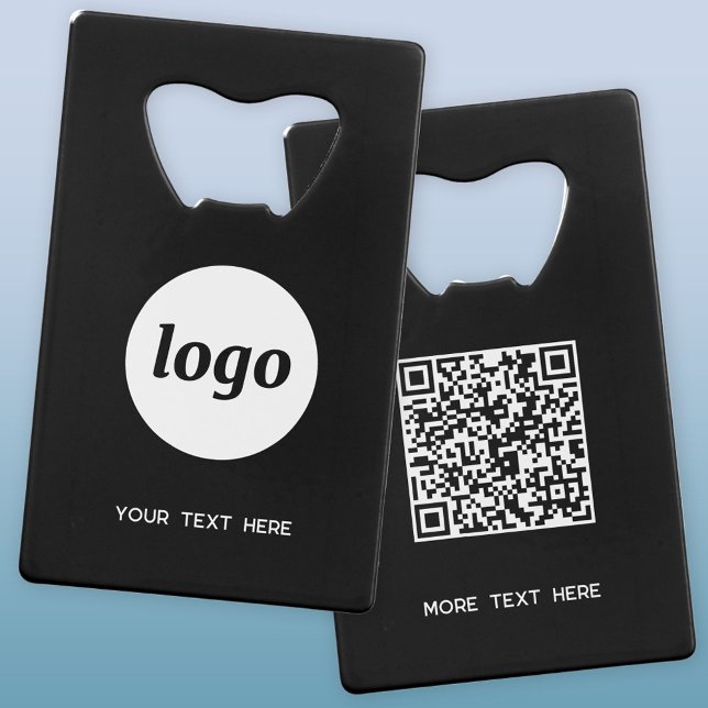 Logo With Text QR Code Business White on Black Credit Card Bottle Opener (Logo QR code custom text business promotional credit card style bottle opener)
