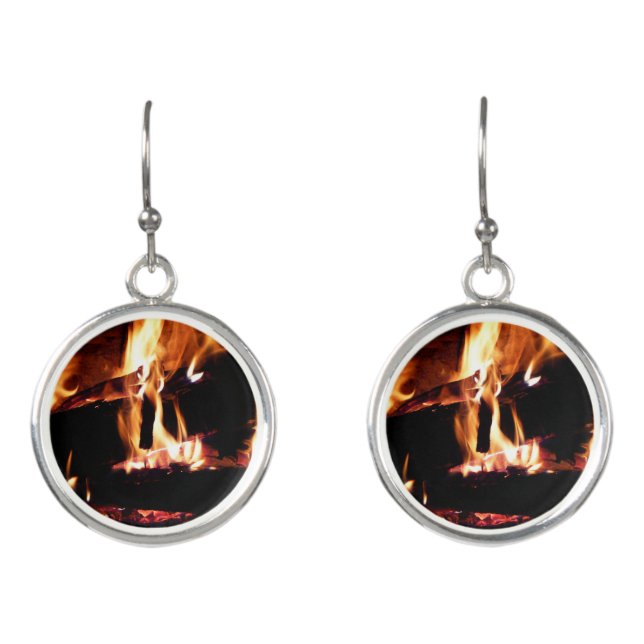 Logs in the Fireplace Warm Fire Photography Earrings (Front)