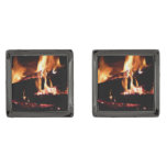 Logs in the Fireplace Warm Fire Photography Gunmetal Finish Cufflinks