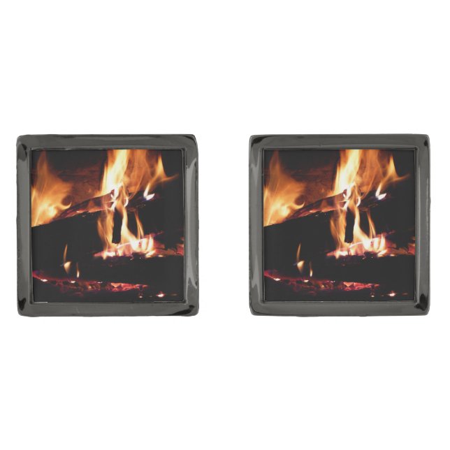 Logs in the Fireplace Warm Fire Photography Gunmetal Finish Cufflinks (Front)