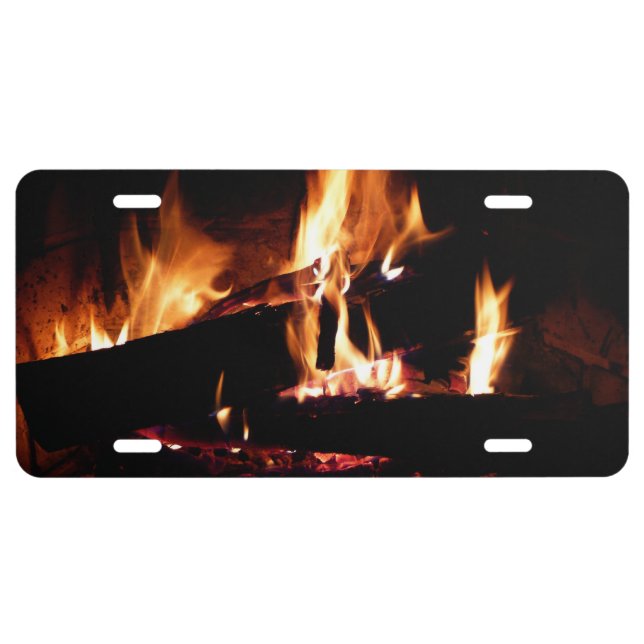 Logs in the Fireplace Warm Fire Photography License Plate (Front)