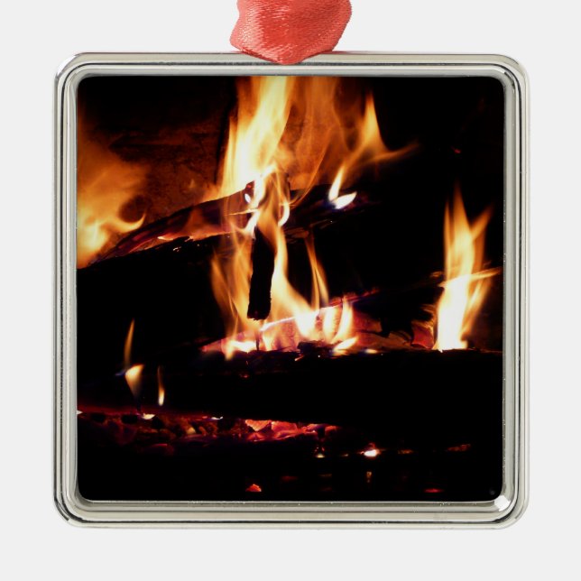 Logs in the Fireplace Warm Fire Photography Metal Ornament (Front)