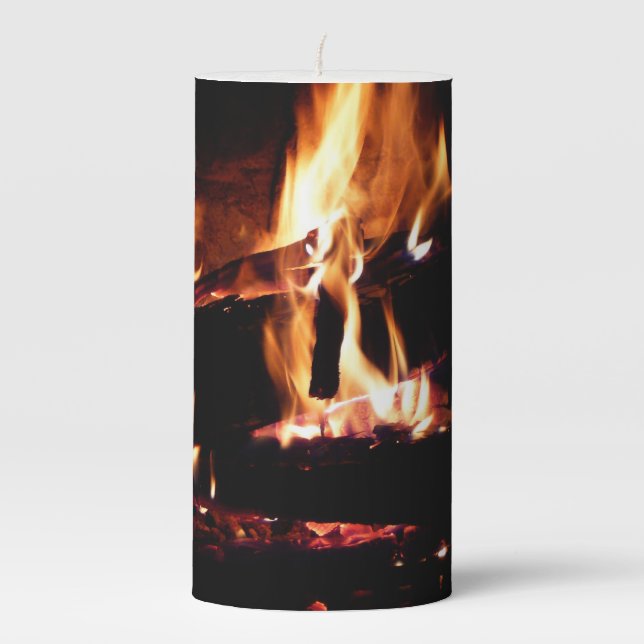 Logs in the Fireplace Warm Fire Photography Pillar Candle (Front)