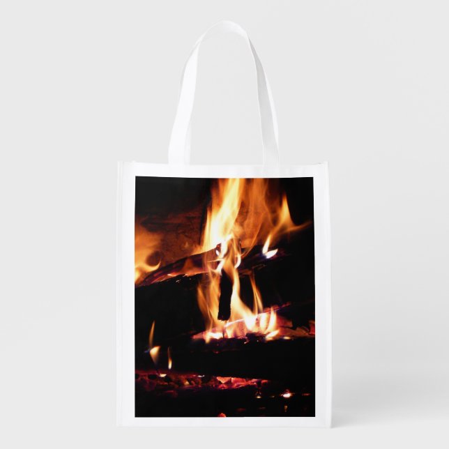 Logs in the Fireplace Warm Fire Photography Reusable Grocery Bag (Front)
