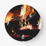 Logs in the Fireplace Warm Fire Photography Round Clock