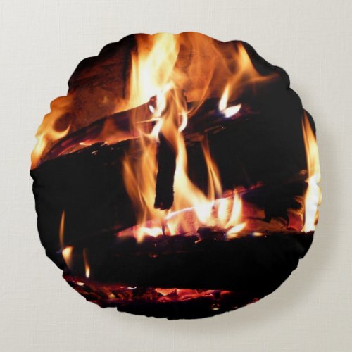 Logs in the Fireplace Warm Fire Photography Round Pillow