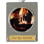 Logs in the Fireplace Warm Fire Photography Silver Plated Banner Ornament