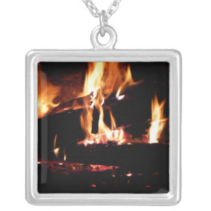 Logs in the Fireplace Warm Fire Photography Silver Plated Necklace