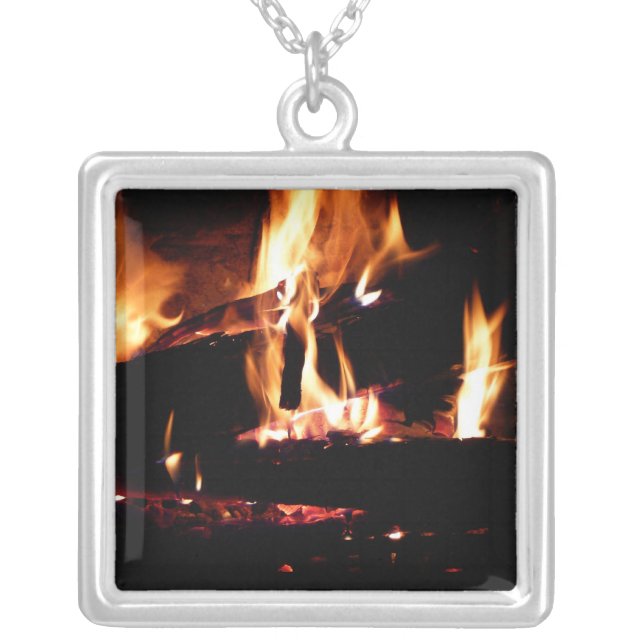 Logs in the Fireplace Warm Fire Photography Silver Plated Necklace (Front)