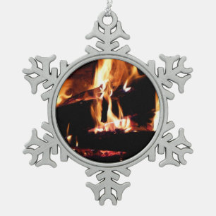Logs in the Fireplace Warm Fire Photography Snowflake Pewter Christmas Ornament
