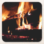 Logs in the Fireplace Warm Fire Photography Square Paper Coaster