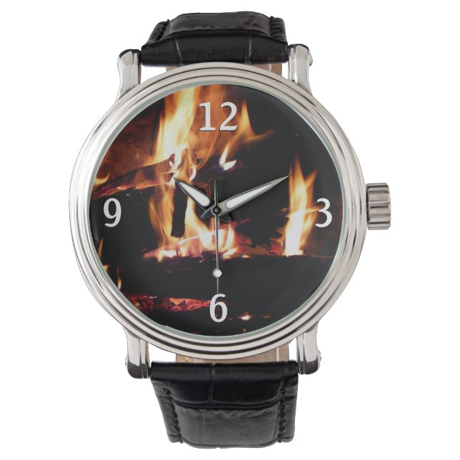 Logs in the Fireplace Warm Fire Photography Watch (Front)