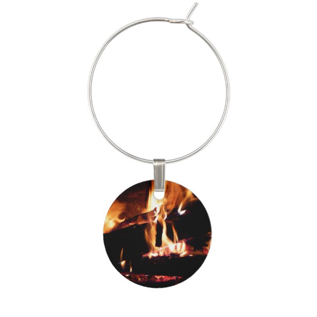 Logs in the Fireplace Warm Fire Photography Wine Charm (Front)