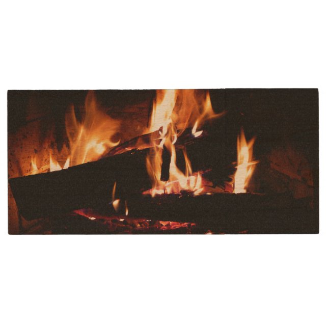 Logs in the Fireplace Warm Fire Photography Wood Flash Drive (Front)