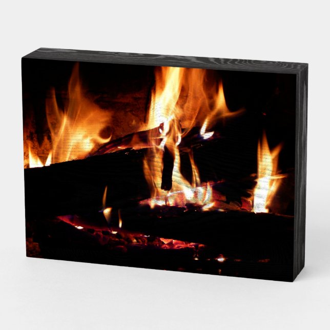 Logs in the Fireplace Warm Fire Photography Wooden Box Sign (Angled Horizontal)
