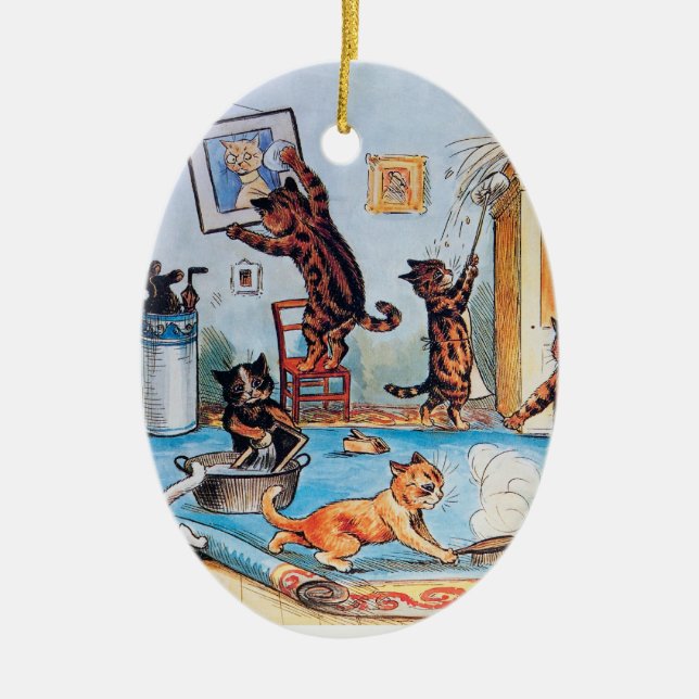 Lois Wain's Spring Cleaning Cats Ceramic Ornament (Front)