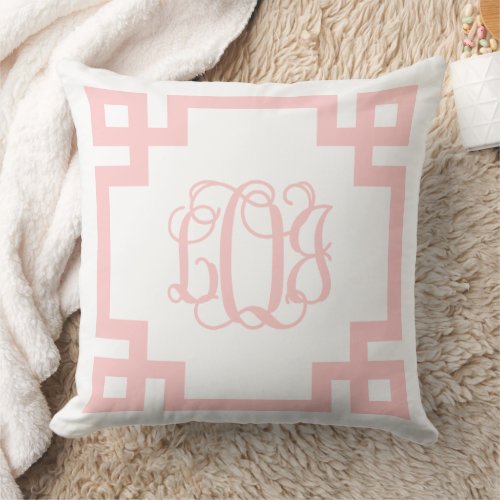 LOJ Light Pink Greek Key Script Monogram Throw Pillow