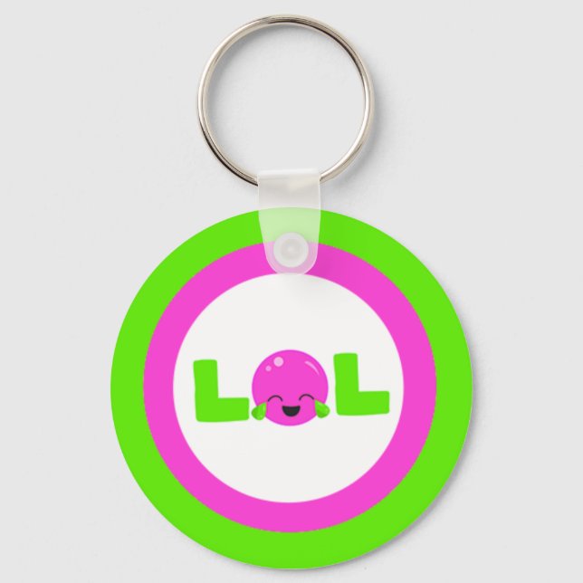 LOL Laughing Out Loud Purple Bright Green Button Keychain (Front)