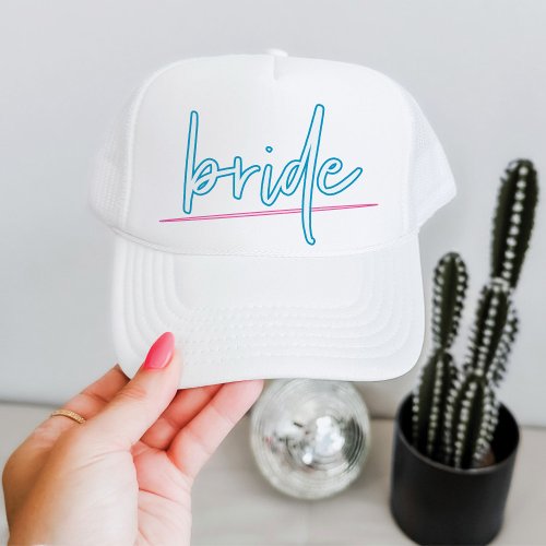 LOLA Neon Blue and Pink 90s Bride Bachelorette Trucker Hat