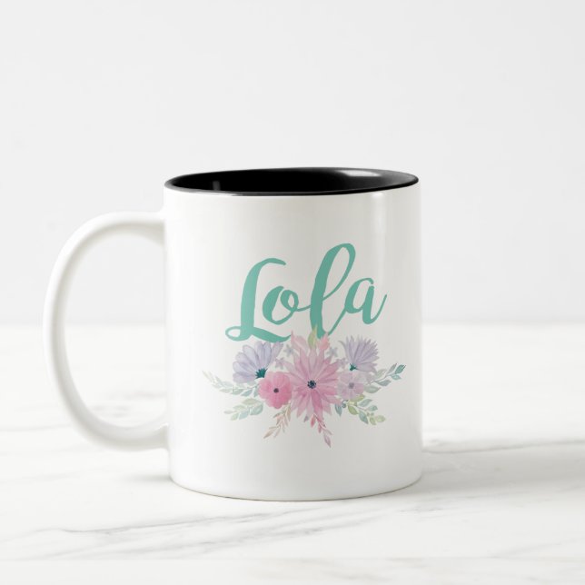 Lola with Aqua Floral Bouquet Two-Tone Coffee Mug (Left)