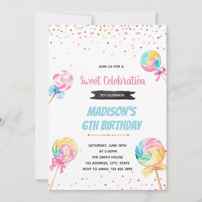 Lollipop candy birthday invitation (Front)