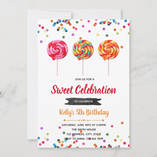 Lollipop candy birthday party invitation (Front)