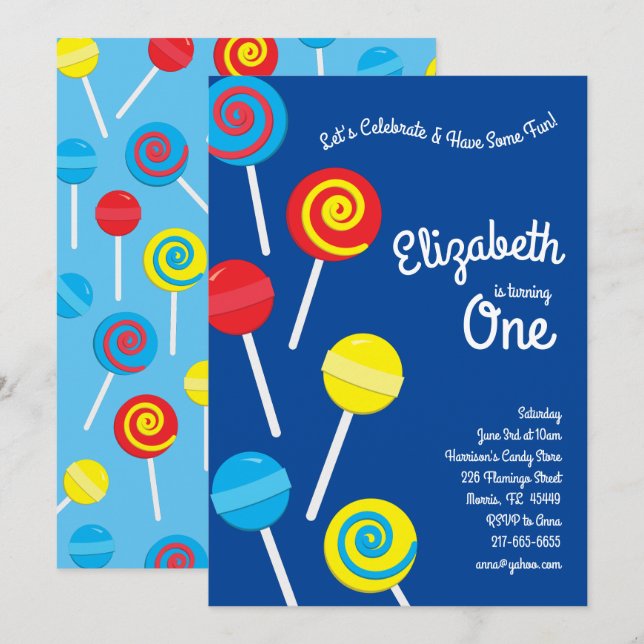 Lollipop Candy Kids 1st Birthday Party Invitation (Front/Back)