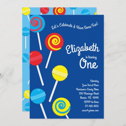 Lollipop Candy Kids 1st Birthday Party Invitation