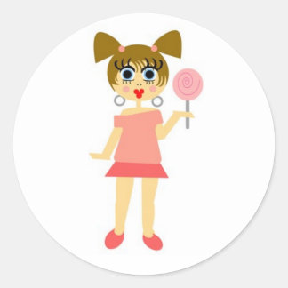 Lollipop Girl Sticker- Brown Hair Classic Round Sticker