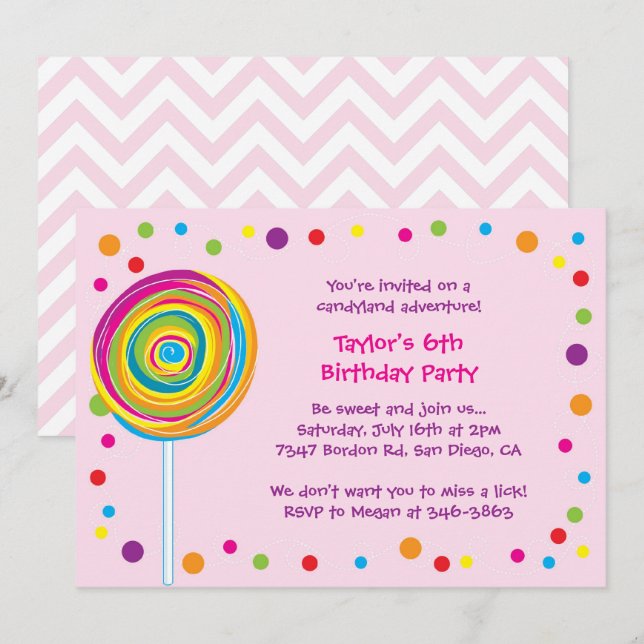 Lollipop Invitations Candyland Birthday Party Pink (Front/Back)