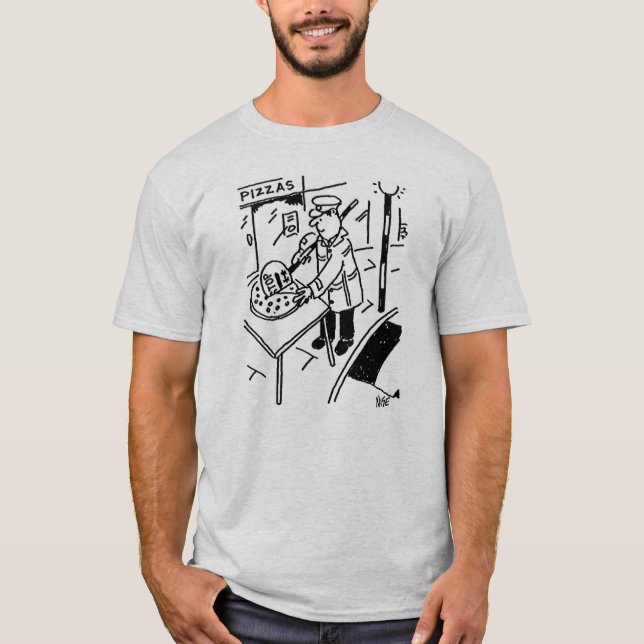 Lollipop Man Slices a Pizza Using his Lollipop T-Shirt (Front)