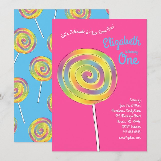 Lollipop Rainbow Candy Kids 1st Birthday Party Invitation (Front/Back)