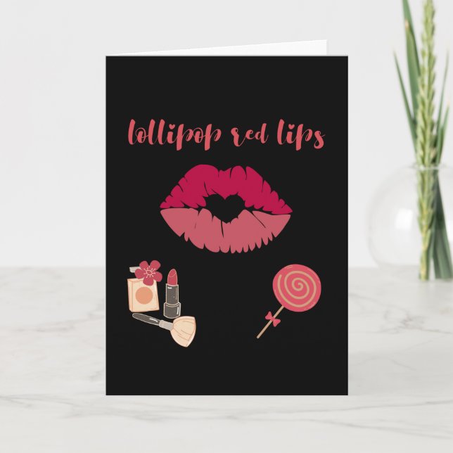Lollipop red lips. Girly lipstick makeup candy Card (Front)